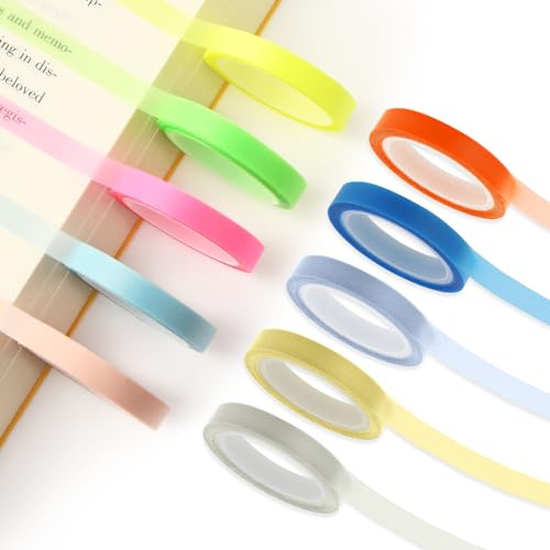Abeillo 10 rullar med överstrykningstejp, 6 mm x 5 m färgstarkt transparent bandmärkningsetikett fluorescerande markörer avtagbara överstrykningspennor för att läsa anteckningar (Fluorescerande