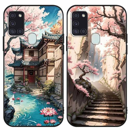 PBNDJVG 2 Pièces Coque pour Samsung Galaxy A21s(4G) 6.5 Pouce, Fleurs de Cerisier du Japon Dessin Animé Aesthetics Motif Étui Protection Housse de Silicone TPU Souple Antichoc Case, Noir 5