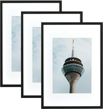 Atryinous Lot de 3 cadres photo A4 21 x 30 cm, noirs, en bois, avec verre Acrylglas, avec passe-partout, pour photos A5, 15 x 21 cm, à suspendre, verticalement ou horizontalement, pour