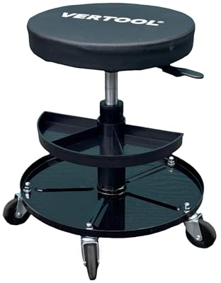 VERTOOL Detailing Stool for workshops and detailing studios. Rolling height adjustable mechanic stool in Black.