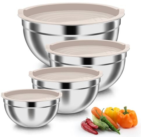 Onader blandningsskål set om 4, rostfritt stål skål med lufttätt lock, salladsskål set för matlagning, bakning, diskmaskinssäker och hälsosam, 4,5 l/3 l/1,5 l/1,2 l – khaki