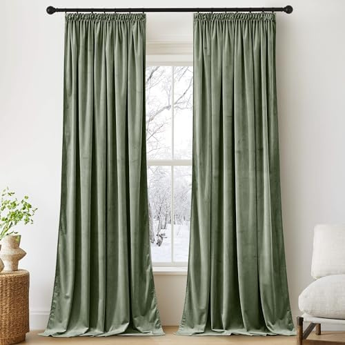 PONY DANCE mörkläggningsgardiner för sovrum, 2 stycken, B 132 x H 260 cm, julgardiner, sammetsgardiner med band, värmeisolerande gardiner för interiör, grågrön