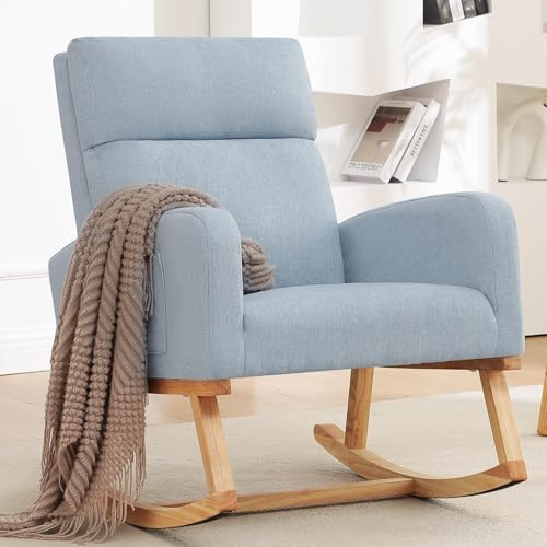 YUUIJOAA Rocking Chair Nursery - Modern Glider Accent Rocking Chairs Upholstered Linen Nursing Rocker Padded Armchair for Nursery Indoor Living Room Bedroom, Blue