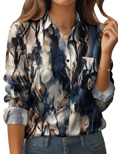 Zeagoo Button Down Shirts for Women Dressy Casual Dark Print Long Sleeve Blouses Lightweight Work Tops Fashion Outfit