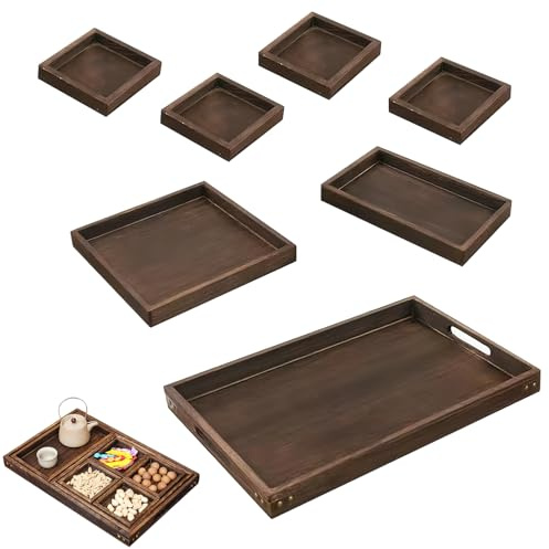 Serveringsbrickor med handtag, set om 7 delar 46 x 30 cm serveringsbricka för festtillbehör, träbrickor halkskydd, mångsidiga brickor perfekt för mat, te, kaffe, frukt, kex, desserter