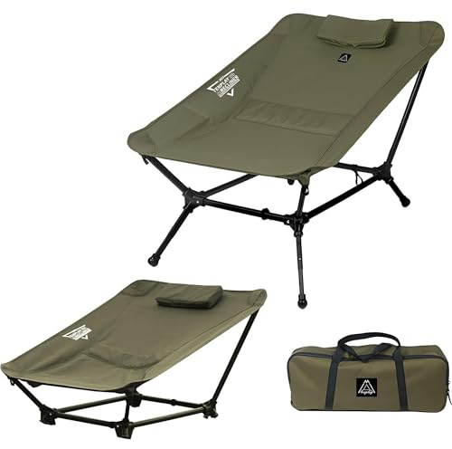 TENPLAY XXL Camping Recliner Chair with Pillow,Ultralight Height Adjustable,Compact Portable Folding Bed Chair,Lightweight2.5KG,Capacity330LBS,Heavy Duty for Adults,Wide Seat,Fishing,Hiking(GREEN)