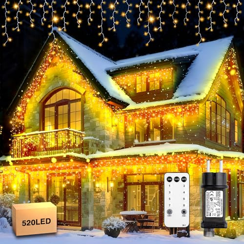 Xahpower Eisregen Lichterkette Außen, 15m 520 LED Wasserdicht Lichtervorhang with Fernbedienung, 8 Modi, Wasserdichte Eiszapfen Lichterkette für Weihnachten, Hausdach, Balkon, Garten, Warmweiß