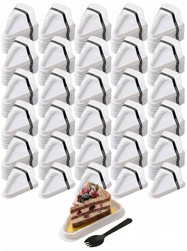 50 Pack Triangle Cake Box Transparent Mousse Pastry Containers Disposable Cake Slice Packaging Blister Boxes With Fork Spoon,Cake Boards & Decoration Stickers Pastry Dessert Container (White)