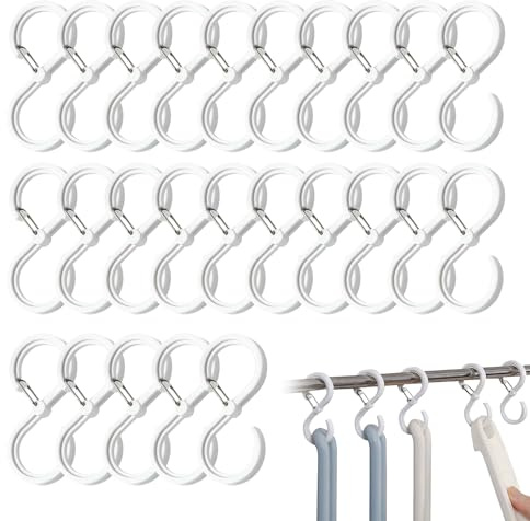 25 Stück S Haken Schwarz Klein, Kunststoffhaken für Kleiderstange,Aufhängehaken,hacken,hakenverschluss kleidung,S-Haken mit Sicherheitsschnalle Anti Drop,Haken Einhängen für Küche Badezimmer (Weiß)