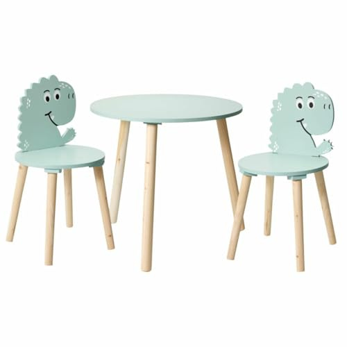 HowHomely Barnmöbelset, barnbord, barnstol, dino-motiv, grönt bord, 2 stolar, barn, sittgrupp, spelbord, set, MDF-trä, stabilt