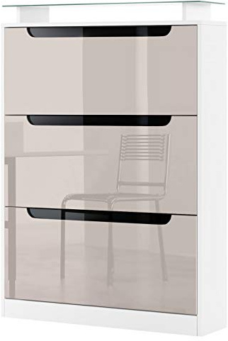 Vladon Schuhschrank Space, Made in Germany, Schuhkipper für 24 Paar Schuhe mit 3 Klappen und Glasablage, Weiß matt/Sandgrau Hochglanz mit Absetzungen in Schwarz Hochglanz (89 x 128 x 23 cm)