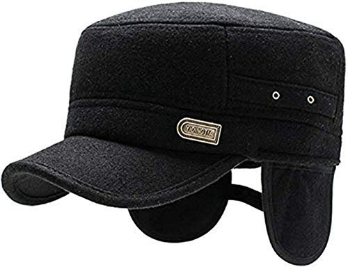 Winter Baumwolle Baseballmütze Flache Kappe mit Ohrenklappen Wintermütze mit Ohrenschutz Verstellbar Baseballcap Schweißband Wintercap Schirmmütze Gehörschutz Mützen für Männer Herren Damen Schwarz