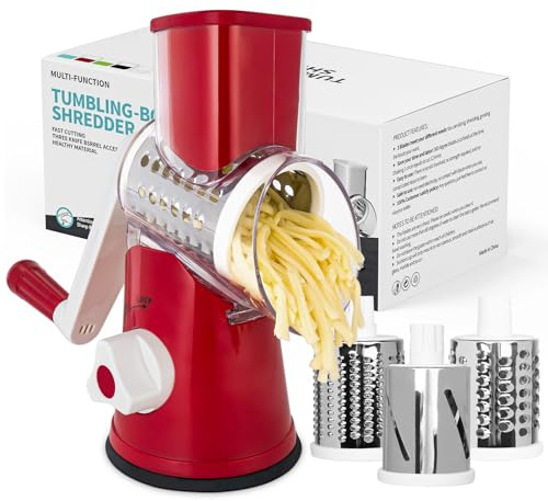 X Home Rotary Cheese Grater Kitchen Mandoline Vegetables Slicer Cheese Shredder with Rubber Suction Base, 3 Stainless Drum Blades Included, Easy to Use and Clean,Red