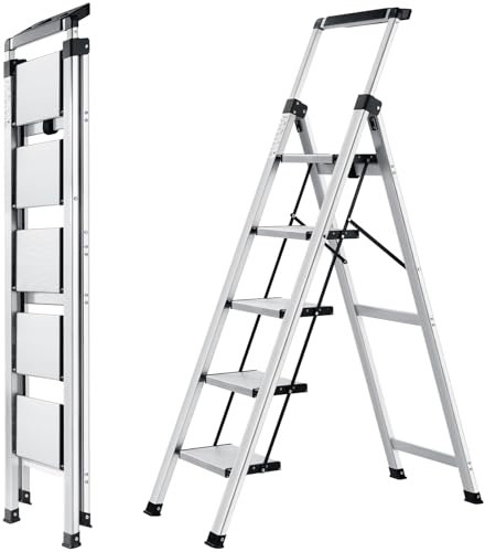XinSunho, Scala a 5 gradini in alluminio pieghevole, con impugnatura retrattile, con pedata ampia e antiscivolo, dalla capacità di carico di 150 kg, con blocco di sicurezza, per uso domestico