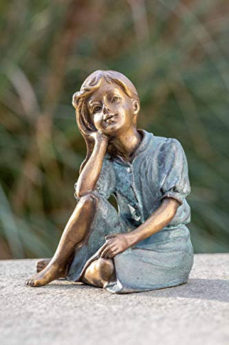IDYL Bronze-Skulptur Aufblickendes Mädchen | 13x10x9 cm | Kinderfigur aus Bronze handgefertigt | Gartenskulptur oder Wohnbereich-Dekoration | Hochwertiges Kunsthandwerk | Wetterfest