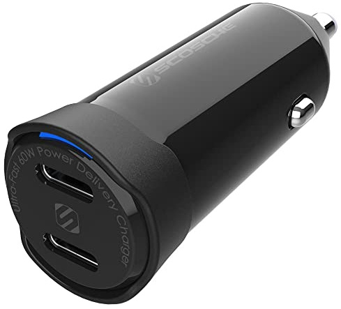 Scosche CPDCC60 PowerVolt 60W Certified Dual USB Type-C + Type-C Fast Car Charger Power Delivery 3.0 with PPS for All USB-C Devices