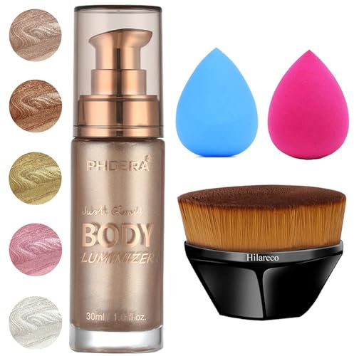 PHOERA Body Shimmer Oil, Body Bronzer Shimmer,Body Glow Shimmer Highlighter Luminizer Body Illuminator with Body Makup Bursh,Self Tanning Lotion,1oz/Jars (101 Rose Gold)