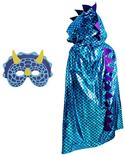 DKINY Karneval Dinosaurier Umhang, Karneval Cosplay Kinder Köstum Cape mit Mask, Drachen Mantel Kleidung für Rollenspiel Themenparty Halloween Maskerade Jungen Mädchen, Blau