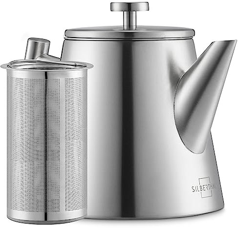SILBERTHAL Teekanne Edelstahl mit Siebeinsatz (1L) Silber - Doppelwandige Kanne mit Deckel - Thermo Isoliert - Hält lange warm