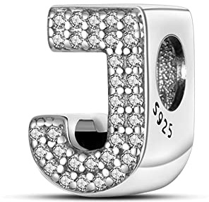 TINSLO Charme Pearl en forme de lettre de J pour bracelet, En argent sterling 925, Compatible avec les bracelets et colliers Pandora, Compatible avec les bracelets européens pour femmes et filles