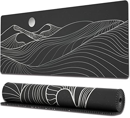 Ovenbird Großes Gaming-Mauspad mit genähten Kanten, minimalistisch, mit Bergen, XL-Mauspad mit rutschfeste Unterseite, süßes Schreibtischpad für Tastatur und Maus, 80 x 30 cm, Schwarz/Weiß