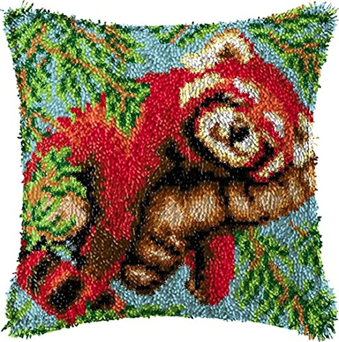 ROCKY&CHAO Latch Hook Kit for Adults & Kids, Complete DIY Cushion Making Craft Kits with Yarn & Canvas and Crochet Needle, Latch Hook Pillow Cover Adult Craft Kits for Women - Raccoon 43x43cm