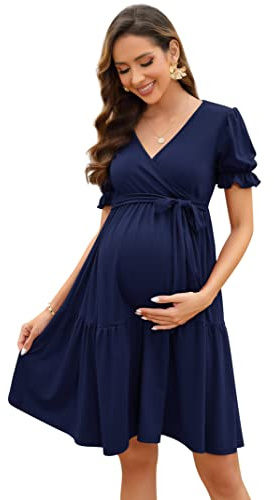 KOJOOIN Robe De Maternité pour Femme Robe d'allaitement À Col en V Robe De Maternité Élégante À Manches Bouffantes avec Volant Bleu Foncé (Manches Courtes) M