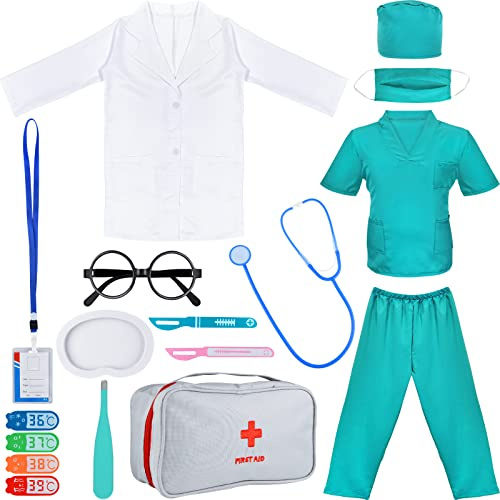 PLULON Kit déguisement médecin Enfants Manteau Docteur Bleu Pantalon Plateau stéthoscope réaliste Scalpels Sac Transport Accessoires Pretend Play Set garçons Filles Dress Déguisements fête Halloween