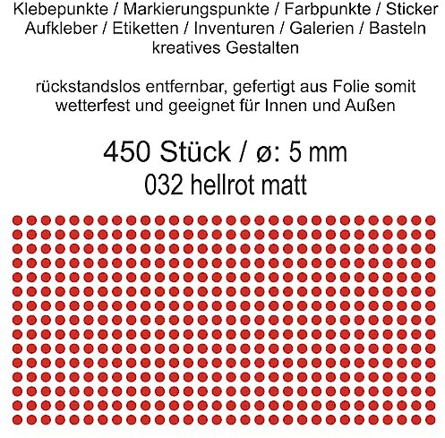 Aufkleber Etiketten Klebepunkte aus Folie 450 Stück rot hellrot matt rund 5 mm selbstklebend farbig wetterfest Decal Markierungen Organisieren DIY basteln verzieren Modellbau Scrapbooking