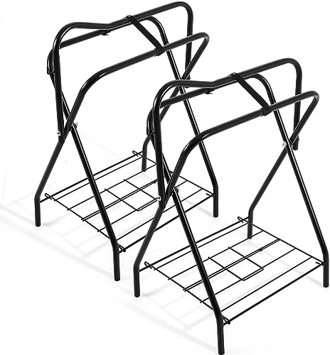 Abbylike 2 Pcs Portable Saddle Rack Steel Foldable Freestanding Saddle Rack Stand Horse Trailer Organizer for Derby Day Horse Supplies Accessories Equipment, 22 x 26 x 36 Inches(Black)