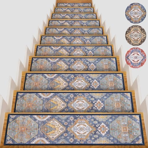 Peel and Stick Non-Slip Carpet Stair Treads for Wooden Steps Set of 15 Pack 8 X 30 Indoor Reusable Staircase Stair Runners Rugs, Soft Safety for Dogs, Kids & Elders, Stairway Grip, Blue
