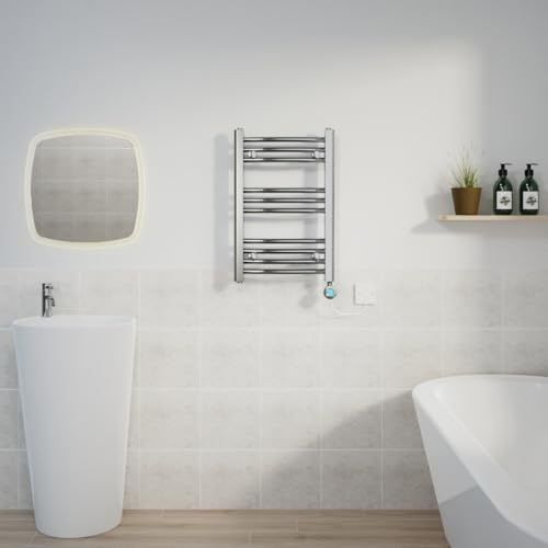 Warmehaus Electric Towel Rail Curved Chrome Thermostatic Timer 600x400mm