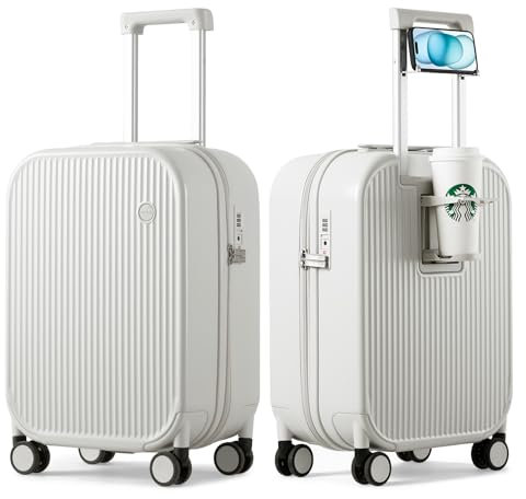 mixi Carry On Luggage with Cup Phone Holder Hard Shell Rolling Travel Suitcase with Spinner Wheels,20 Inch Smoke White
