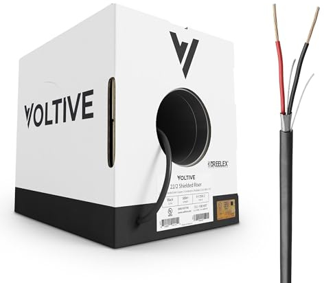 Voltive 22/2 Shielded Low Voltage Wire, Riser CL3R, Black, 500ft - 22AWG, 2 Conductors, Overall Shield, Stranded Bare Copper, UL Listed - V-1258-2