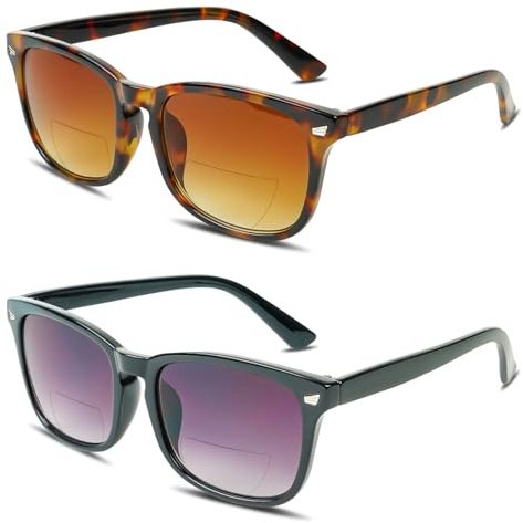 XOQ Bifocali Occhiali da Lettura Uomini Donne 2 Pacco Telaio Comfort Classic UV400-occhiali da Sole Luce Anti-Blu (Nero+Marrone, 2.5)