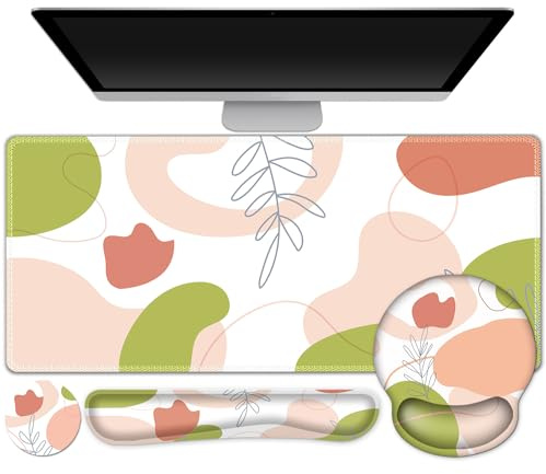 Gaming Mouse Pad, Large Desk Mat, Cute Desk Pad Protector, 4 in1 XXL Mousepad + Keyboard Wrist Rest+Mouse Wrist Rest+Coaster Set with Ergonomic Desk Pad for Home Office Table Computer Pink Rose