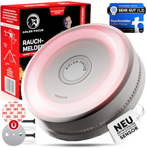 Adler Focus Rauchmelder - Stand Alone, vom Feuerwehrmann entwickelt, neuentwickelter Fotoelektronischer Sensor 2024, Testsieger - 10 Jahre Garantie, Ohne Bohren, Ohne LED, 1 Stück