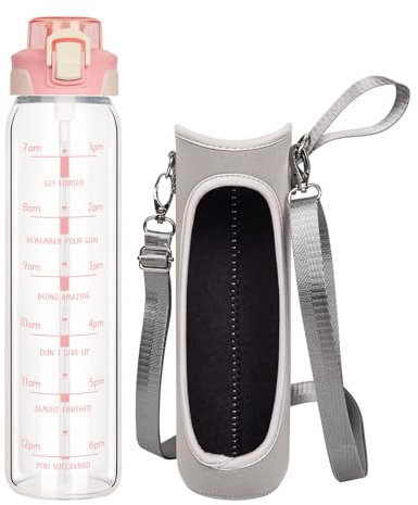 DEARRAY 1l / 1 litre Leakproof Glass Water Bottle with Straw & Motivational Time Markings 1000ml BPA-free Glass Sport Drinking Bottle with Neoprene Sleeve