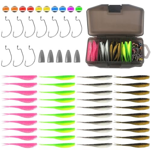 66 Stück Gummiköder Angeln Set, Gummifische Angelköder, Forellen Köder Angelköder Set mit Angelbox Gummiköder Forelle mit Jigkopf für Salzwasserfische und Süßwasserfische Geeignet