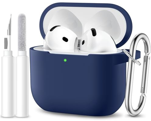 Maledan Coque Compatible avec AirPods 4 Case 2024, Étui Protection Antichoc en Silicone Souple pour Apple AirPods 4ème Generation Housse avec kit de Nettoyage et Mousqueton [LED Visible], BleuFoncé
