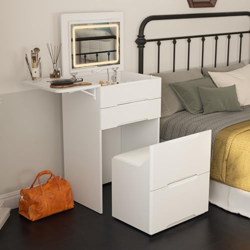 Klappbarer Schminktisch, Flip-Top Schminktisch, kleine Friserkommode, weißer Frisertisch mit 2 Schubladen und 1 Unterputzkasten, Frisiertisch mit Beleuchtung in 3 Farben, 50 ✕ 40 ✕ 82 cm, weiß, MDF