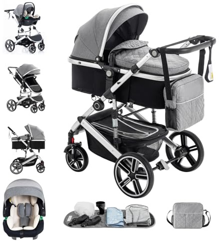 Kakbgee 3 in 1 Passeggino Combinato, Passegginoper Bambini con ECE R129 Seggiolino Auto, Telaio in Alluminio ad alto Campo visivo Baby Stroller (22KG, 0-4 Anni)