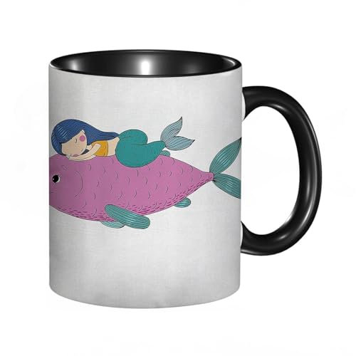 reyawdf Taza Original Personalizada,Sirena sirena durmiendo en la parte superior peces gigantes,330ml, Cerámica, Regalo Creativo para Café, Té, Regalo de Cumpleaños y Navidad - Apta para Lavavajillas