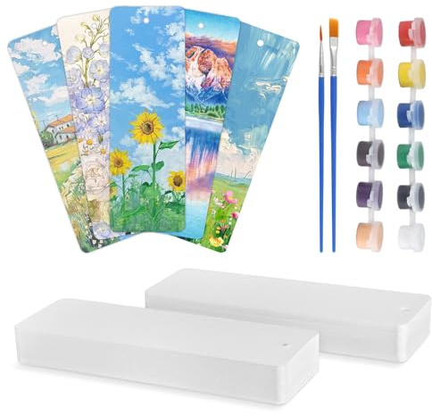 100 Fogli Segnalibro Carta Acquerello, 300g/m² Segnalibro Bianco con 12 Pigmenti e 2 Pennelli, 15 x 5cm Fogli per Acquerelli, Carta per Acquerello per La Creazione di Segnalibri, Pittura
