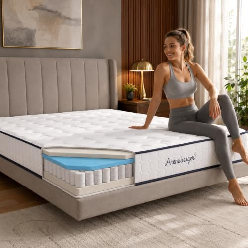 Arensberger Lena, materasso a molle con memory foam, 180 x 200 cm, altezza 21 cm, durezza H3/H4, materasso a molle insacchettate, materasso arrotolabile, ergonomico