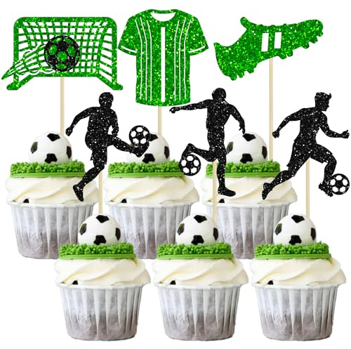 Gyufise 24Pcs Soccer Cupcake Toppers Glitter Soccer Ball Cupcake Picks Sport Cake Decorations Football Theme Birthday Party Baby Shower Kids Boys Men Birthday Party Favors Supplies Green