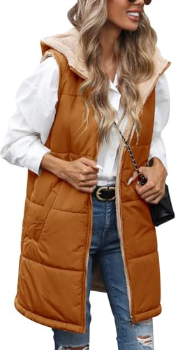 Tuopuda Chaleco Mujer Polar Chaleco Acolchado Invierno Termico Chaquetas sin Mangas con Capucha Desmontable Chalecos Exteriores con Bolsillos Outwear con Cremallera, Marrón Claro, L