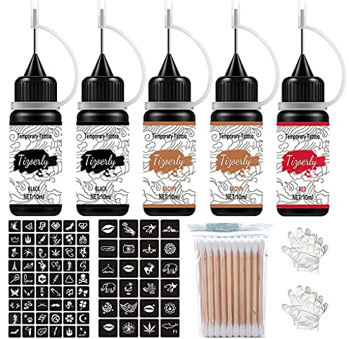 DAYLIGHE Set di tatuaggi temporanei 5 bottiglie Strumenti per tatuaggi fai da te Tre colori Nero Marrone Rosso 78 pezzi Stencil