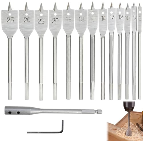 15 Pcs Spade Drill Bit Set, 6-25mm Spade Wood Bits Set with Extension Rod and L-Shaped Wrench, Carbon Steel Heavy Duty Flat Wood Bit Sets for Woodworking Plastics Chipboard Cuts