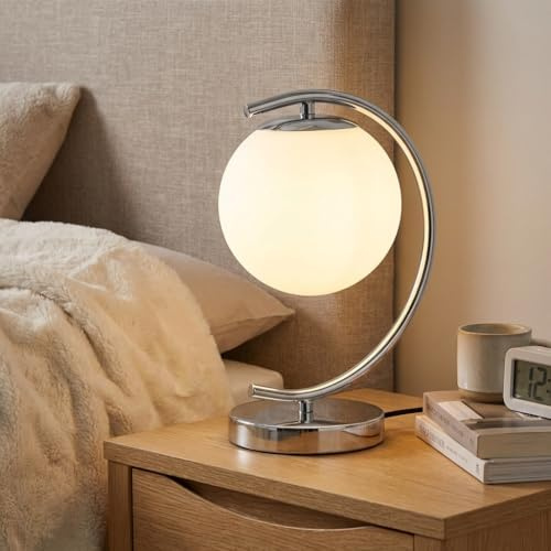 BARCELONA LED Lámpara de mesa cromada SAN con bola de cristal opal, estructura de aluminio metálico, diseño clásico moderno y lujoso, estilo retro elegante para dormitorio, salón y escritorio E27